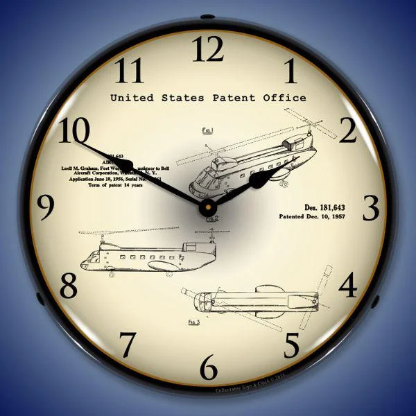 Minimalist brass sculpture-1956 CH-47 Chinook Helicopter Patent Backlit LED Clock