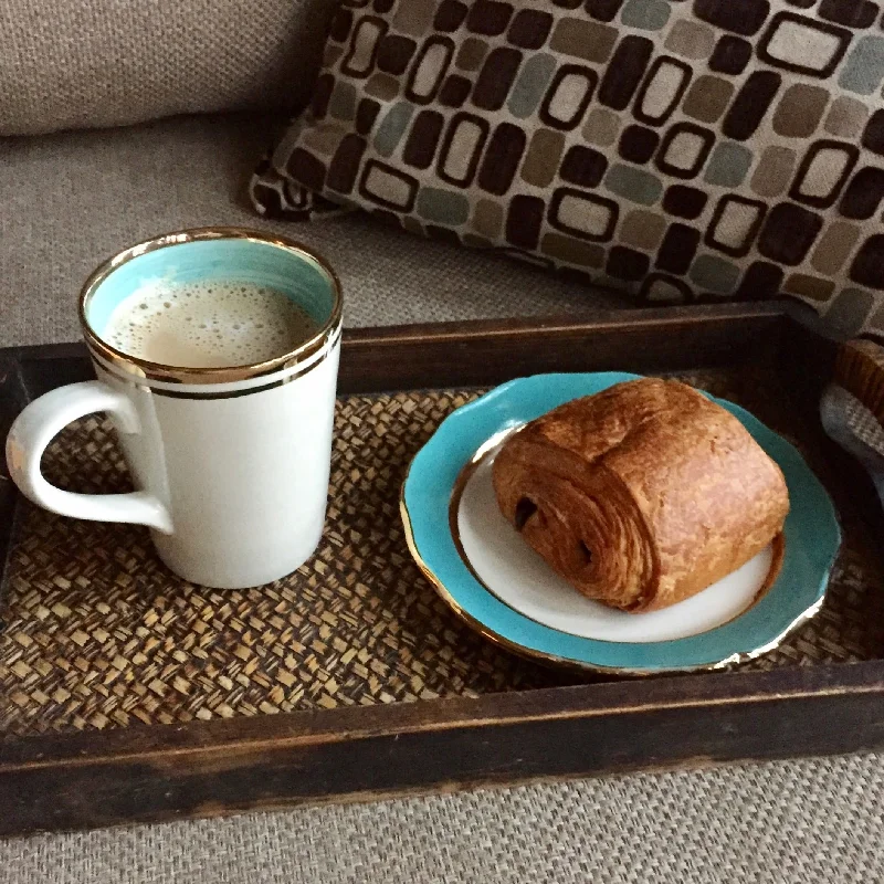 Eco-friendly wheat straw cup-Aqua & gold set. Stockholm mug with Sultanate side plate.