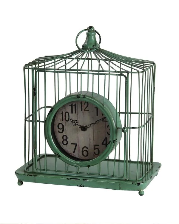 Modern geometric sculpture-Benzara Bird Cage Iron Table Clock with  Ring Handle, Green and White