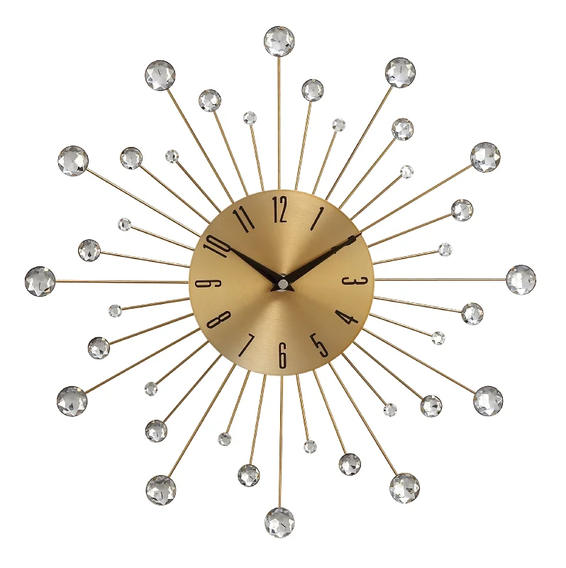 Handmade macrame plant hanger-Benzara BM216452 Round Metal Frame Wall Clock with Sunburst Design, Gold and Silver