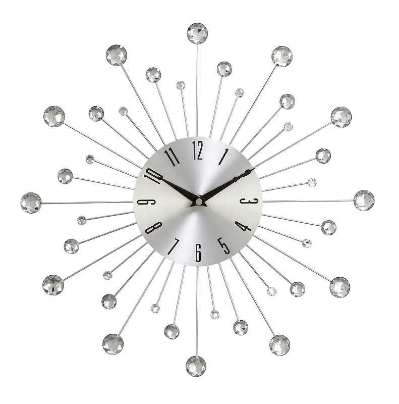 Eco-friendly jute rug-Benzara BM216453 Round Metal Frame Wall Clock with Sunburst Design, Silver