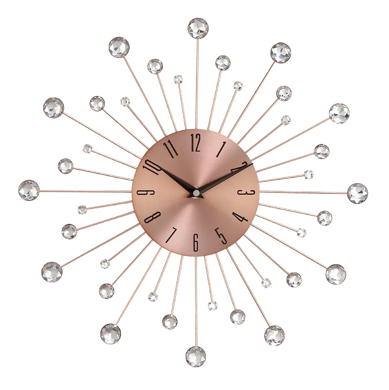 Minimalist wall mirror-Benzara BM216454 Round Metal Frame Wall Clock with Sunburst Design, Copper and Silver