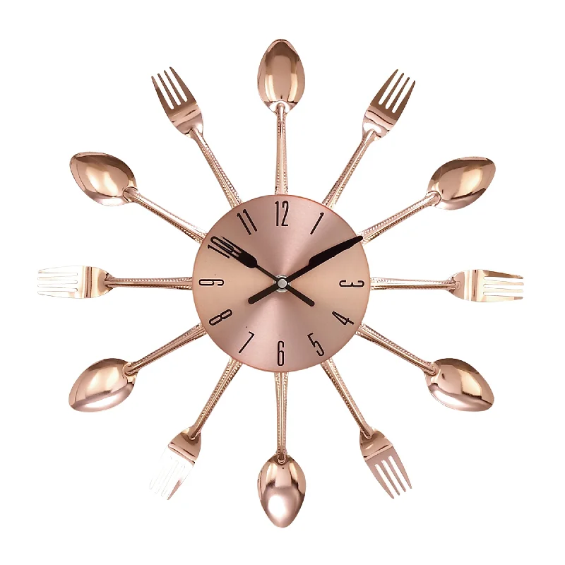 Rustic burlap wall decor-Benzara BM216455 Round Metal Frame Wall Clock with Forks and Spoons Accent,Copper and Silver