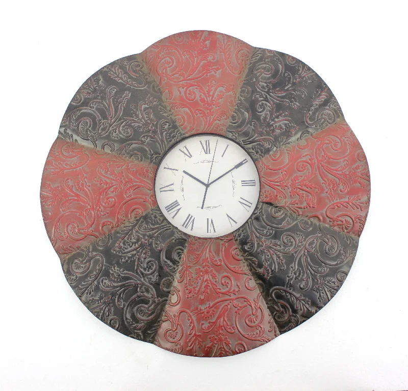 Soft silk curtain panel-Benzara BM217263 Blooming Flower Design Metal Wall Clock with Scroll Motifs, Red and Black