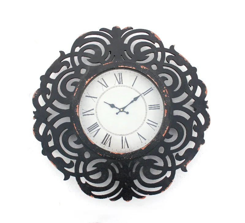 Elegant glass candle holder-Benzara BM217268 Round Metal Wall Clock with Scroll Design Frame, Antique Black