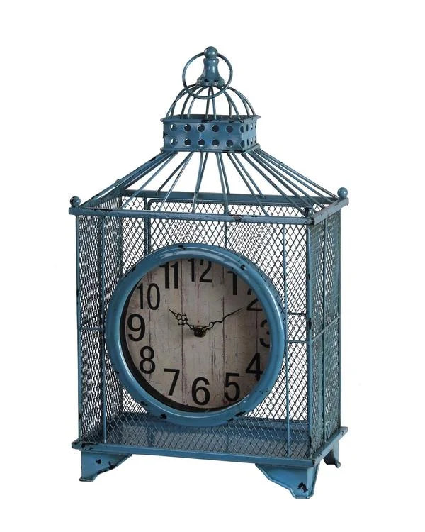 Soft linen table runner-Benzara Mesh Design Iron Table Clock with Ring Handle, Blue and White