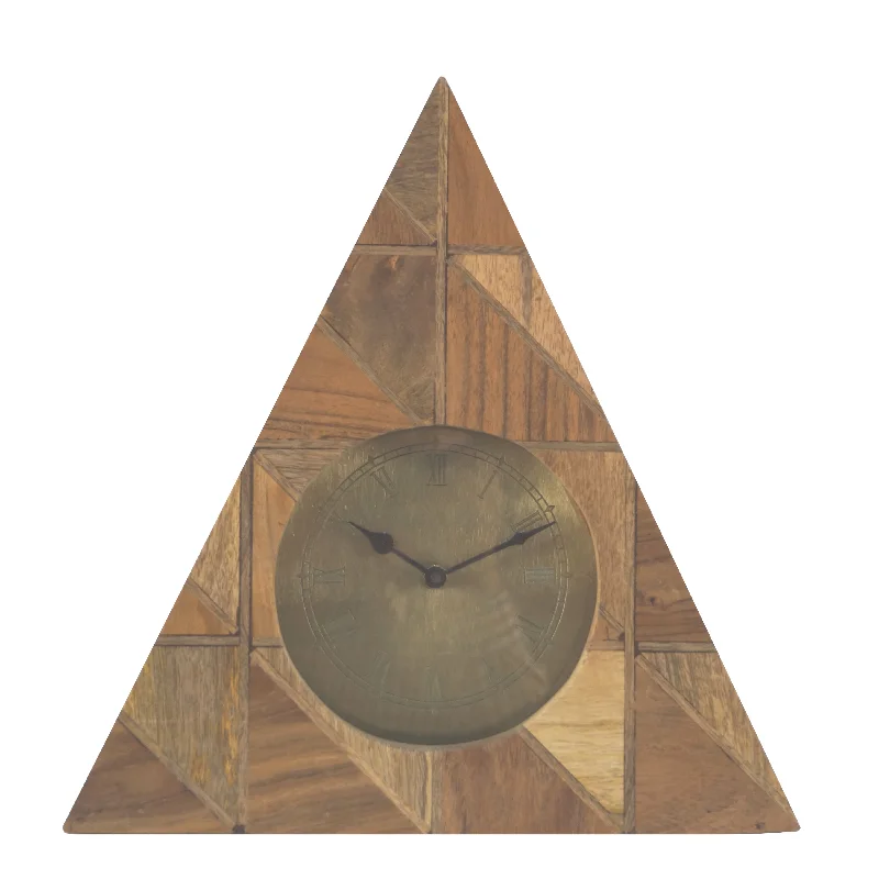 Minimalist wall mirror-Benzara Wooden Triangle Table Clock with Engraved Geometric Details, Brown and Gold