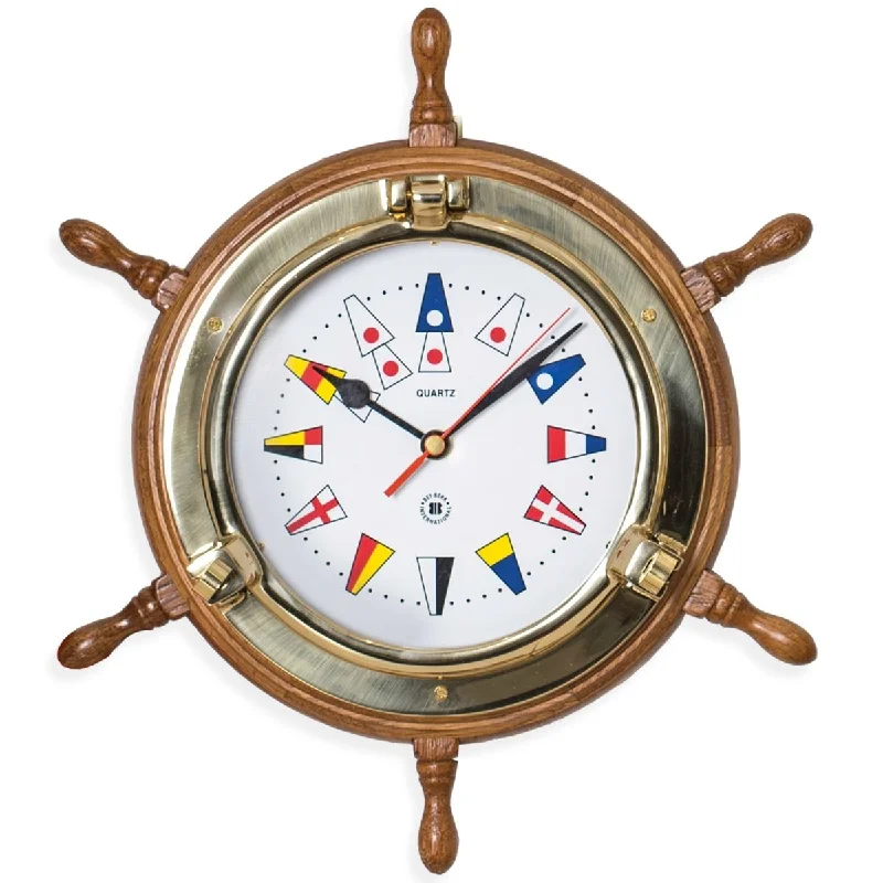 Modern LED floor lamp-Bey-Berk Lacquered Brass Porthole Quartz Clock on Oak Ship's Wheel with Nautical Flags SQ518