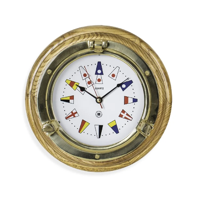 Handwoven macrame wall hanging-Bey-Berk Lacquered Brass Porthole Quartz Clock with Nautical Flags Dial Face on Oak Wood SQ517