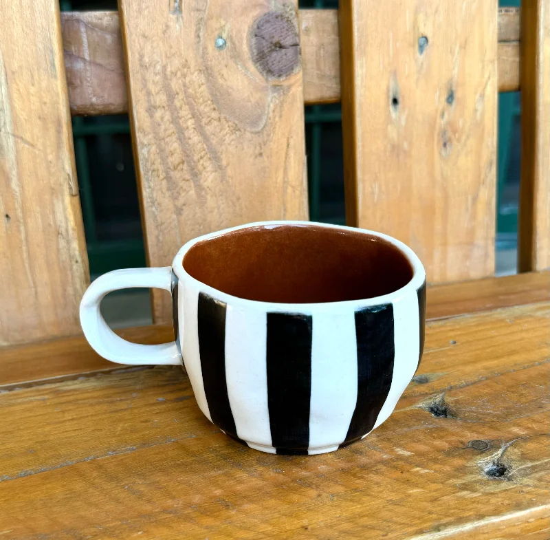 Floral patterned tea cup-Black stripes & terracotta wobbly mug. Capacity 180ml.