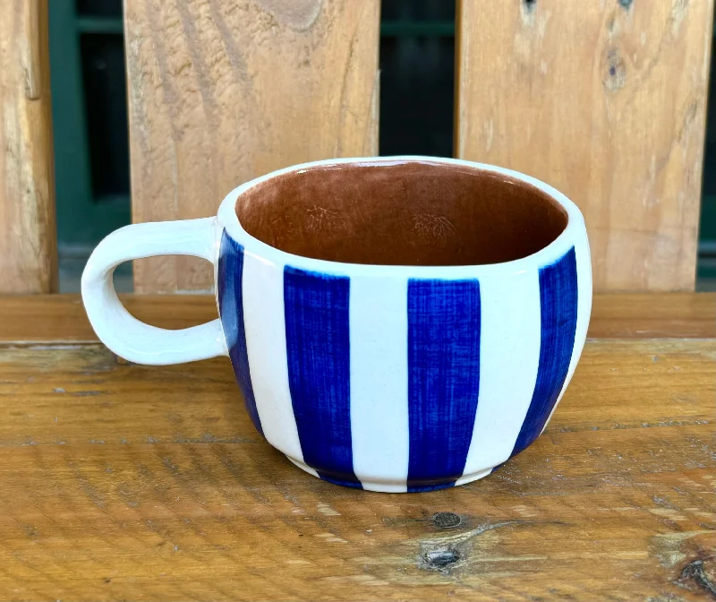 Self-stirring electric mug-Blue stripes & terracotta wobbly mug. Capacity 180ml.