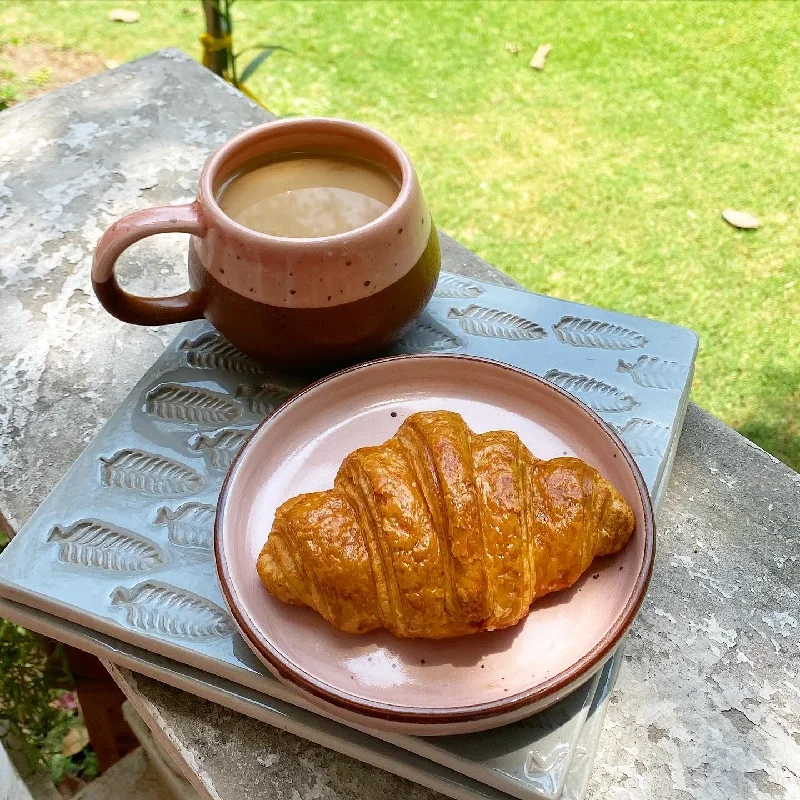 Sleek copper finish cup-Chai pink terracotta Malmo mug with chai pink snacking plate