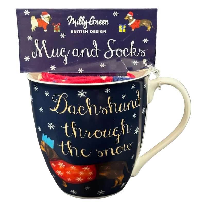 Ceramic coffee mug with handle-Dachshund Through The Snow Mug and Socks Milly Green Designs