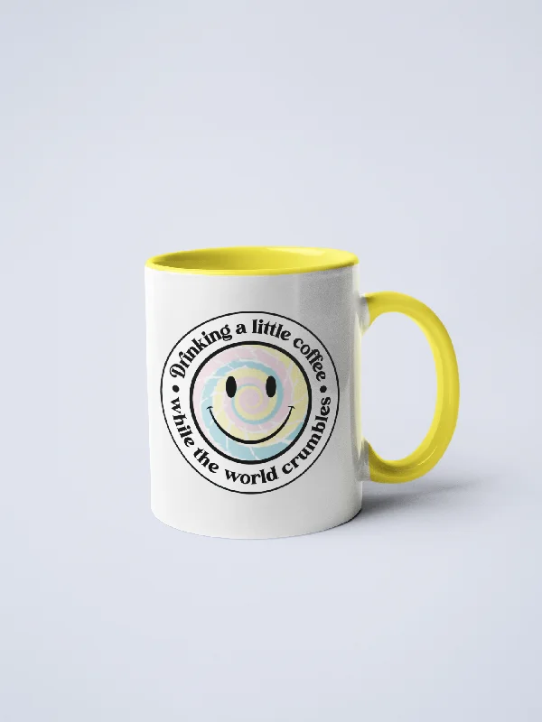 Classic diner coffee cup-Drinking Coffee While The World Crumbles Ceramic Coffee Mug