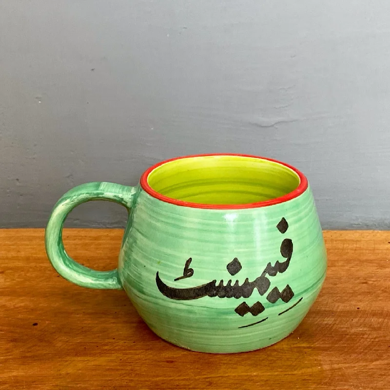 Rustic farmhouse coffee cup-Feminist Malmo mug in sea green & lime green