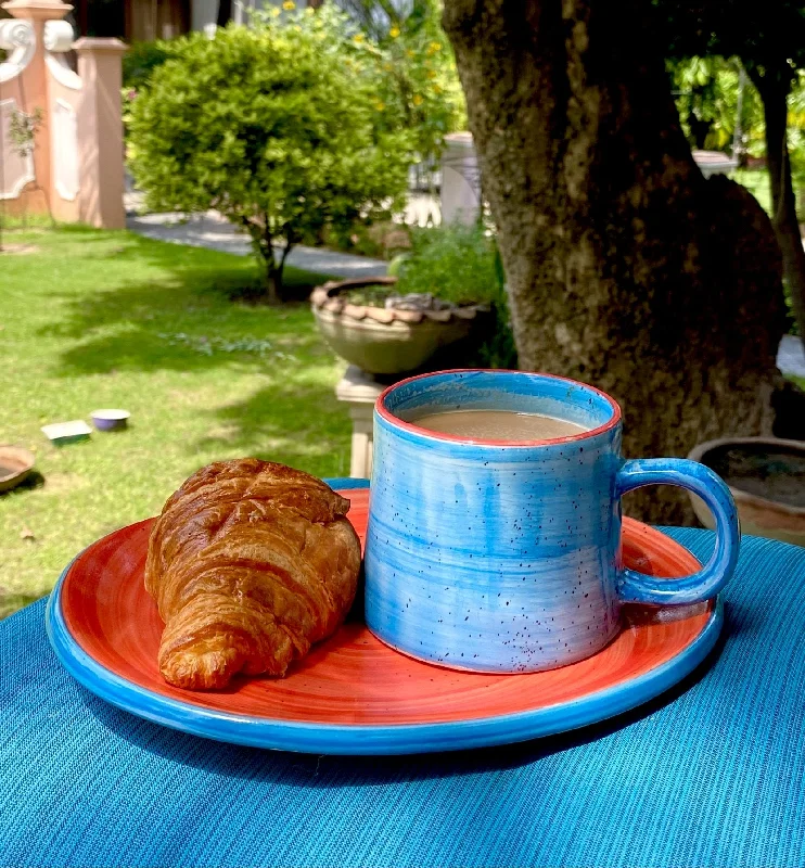 Modern ombre coffee cup-Ferozi Vigo mug with bright orange 10” oval platter