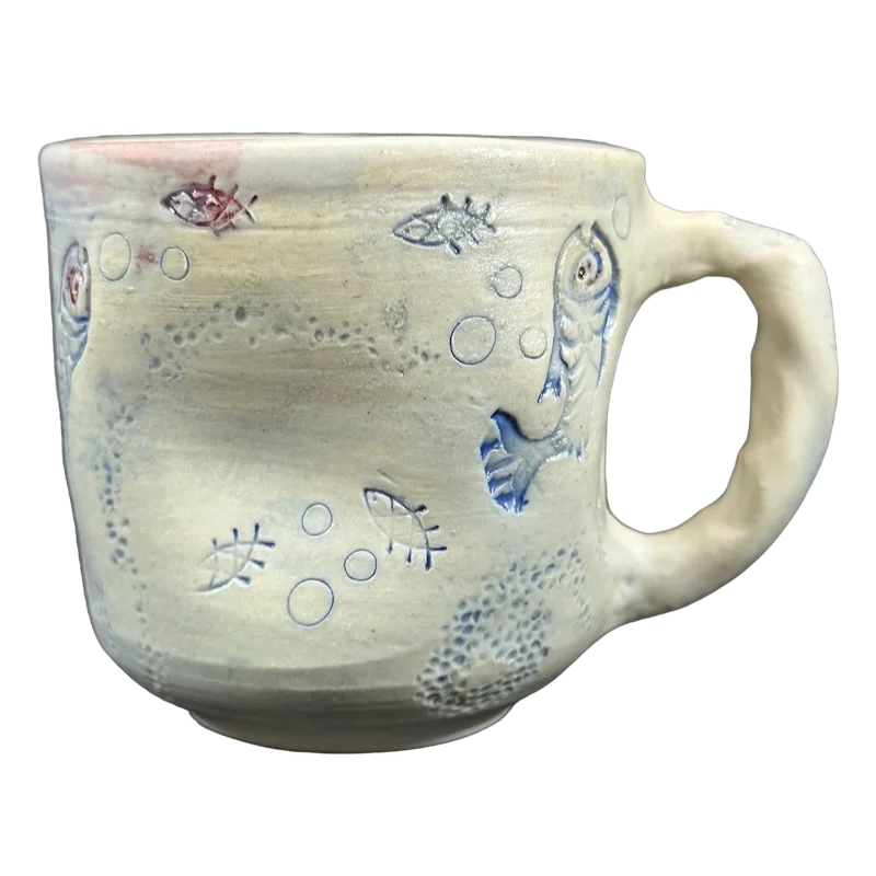 Classic white porcelain mug-Julie Bagish Fish Underwater Scene Etched Pottery Mug Juls Pottery