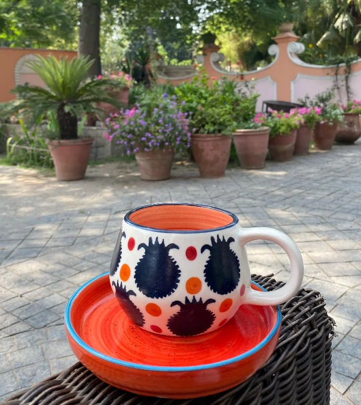 Classic white porcelain mug-Navy anaar pop mug with bright orange snacking plate