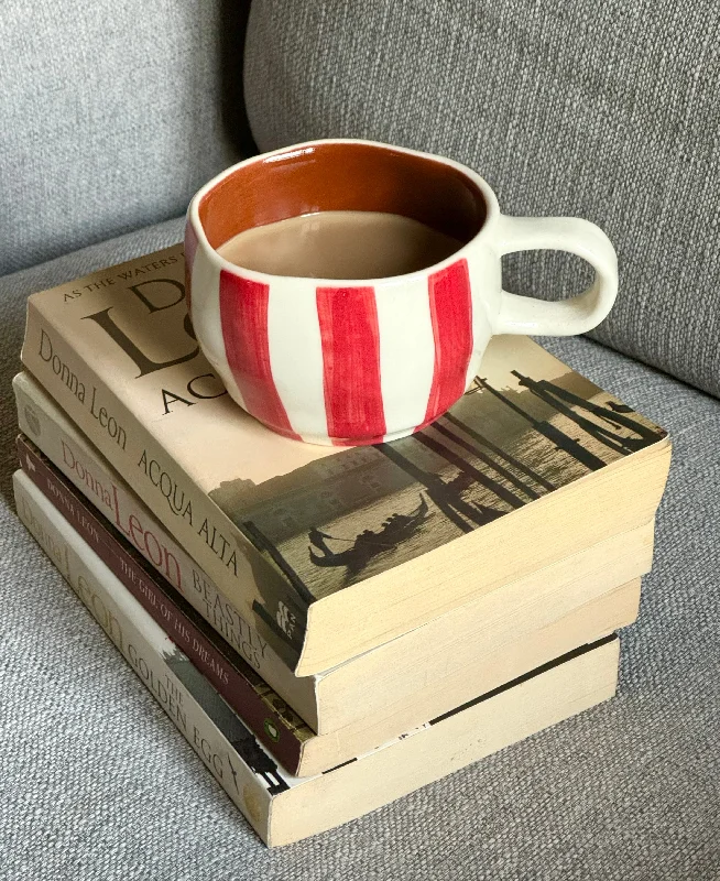 Rustic wooden drinking cup-Red stripes & terracotta wobbly mug small. Capacity 180ml