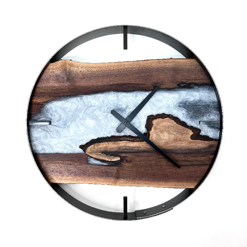 Glazed pottery centerpiece-*RESERVED // 18” Black Walnut Live Edge Wood Wall Clock ft. Metallic White Inlay