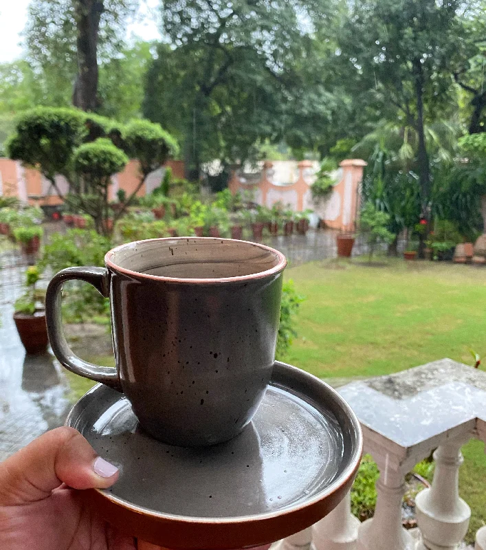 Dishwasher-safe coffee mug-Shades of grey Gloria mug medium with grey & terracotta snacking plate.