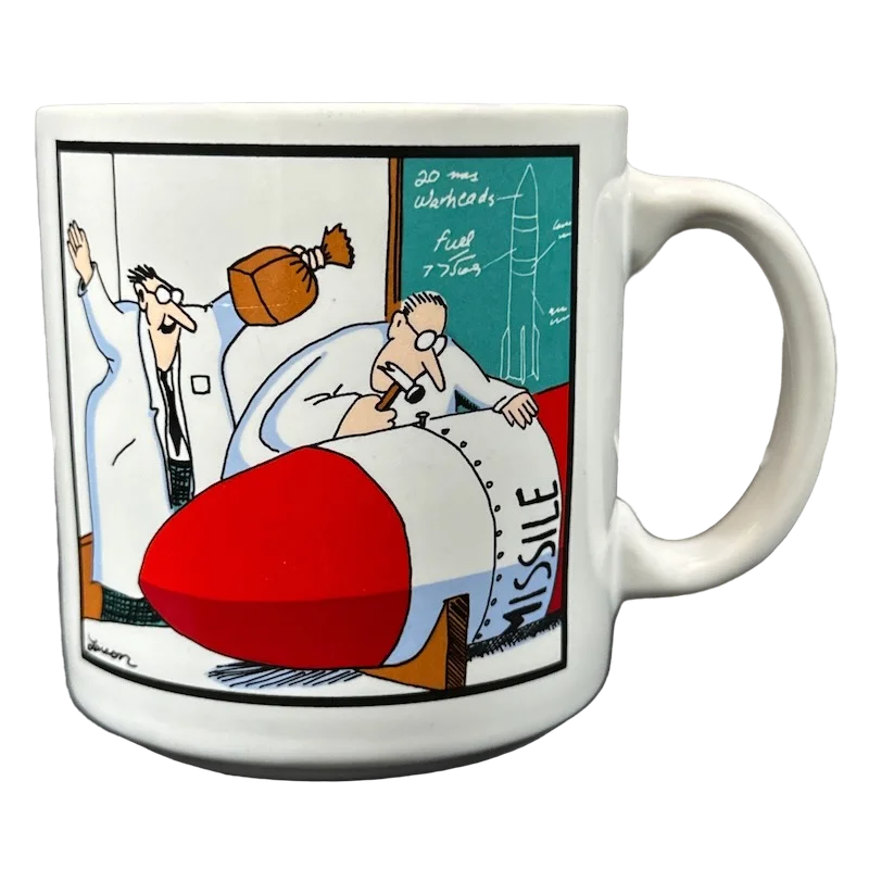 Hand-painted ceramic mug-The Far Side Gary Larson Scientists Building A Missile Mug OZ