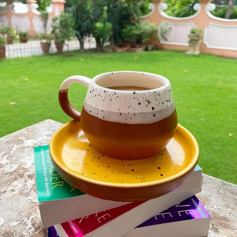 Rustic farmhouse coffee cup-White and terracotta Malmo mug with matching yellow 6” snacking plate