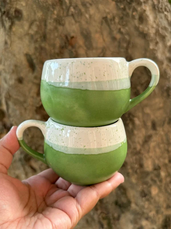 Artisan crafted clay cup-White & matte green Malmo mug small. Set of 2.