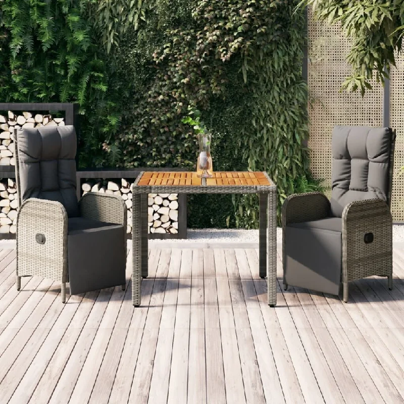 Minimalist plant stand-3 Piece Patio Dining Set with Cushions Gray Poly Rattan