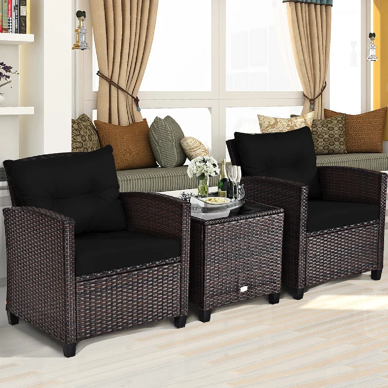 Sleek black plant stand-3PCS Rattan Cushioned Sofa and Coffee Table Set for Indoor and Outdoor