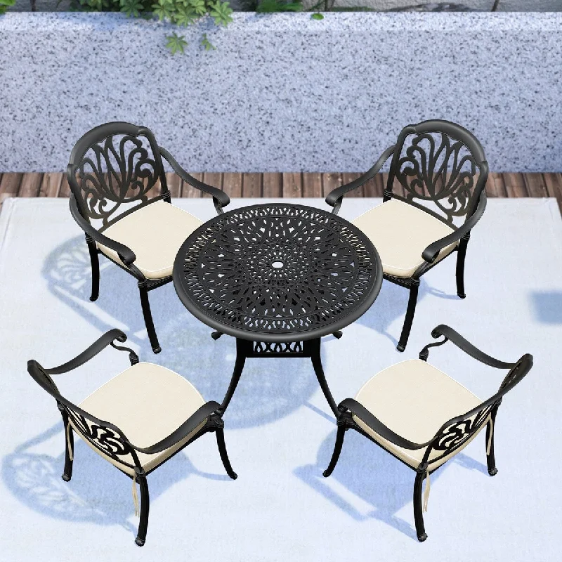 Matte finish table vase-5-Piece Aluminum Dining Set with Random Color Seat Cushions and Umbrella Hole, Hollow Pattern Table Chairs Set