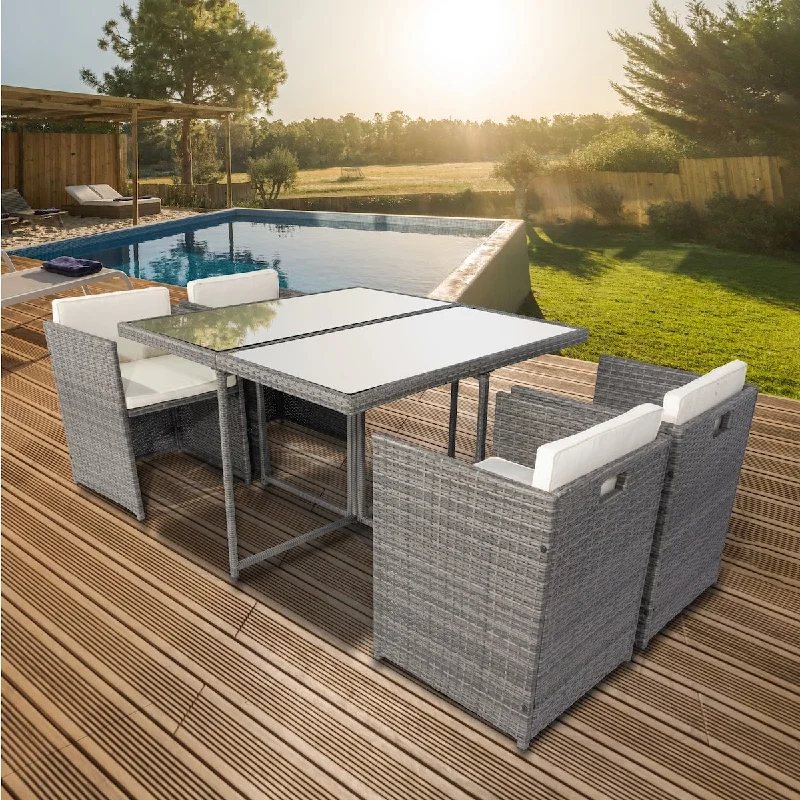 Minimalist ceramic coasters-5 Pieces Patio Dining Sets Outdoor Space Saving Rattan Chairs with Glass Table Cushioned Seating