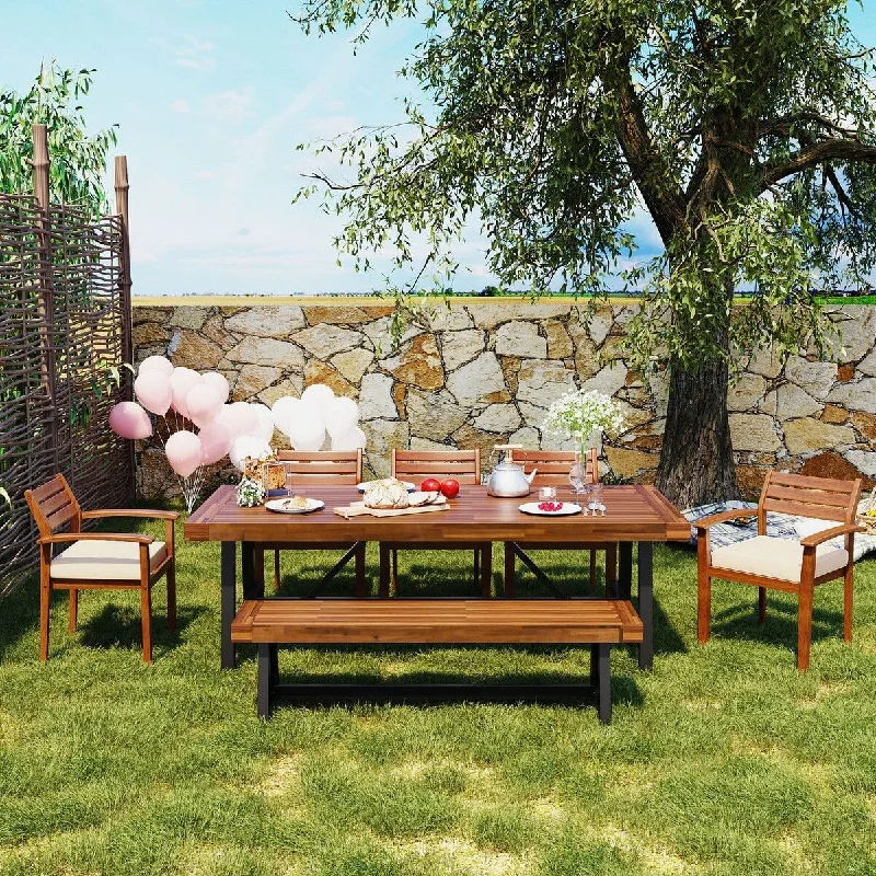 Handwoven jute wall decor-7-Piece Acacia Wood Outdoor Dining Set with Beige Removable Cushions