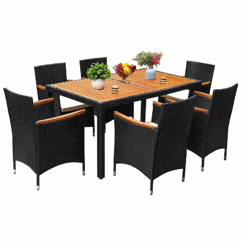 Minimalist LED table lamp-7 Piece Patio Dining Set Outdoor Acacia Wood Table and Chairs with Soft Cushions Wicker Patio Furniture for Backyard, Garden