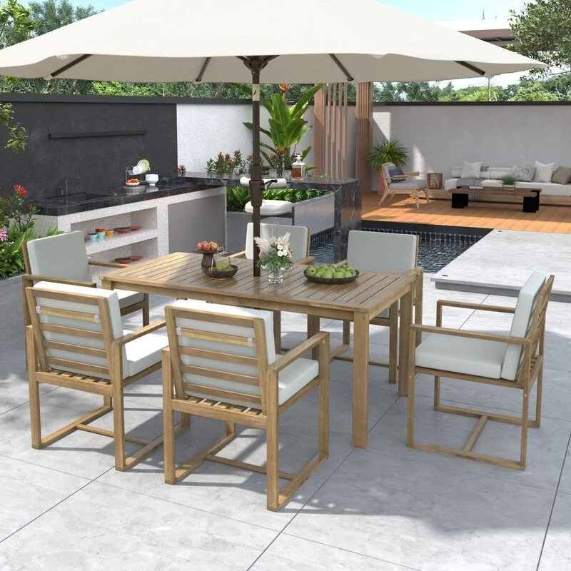 Textured wall art panel-7-Piece Patio Dining Set, Outdoor Dining Table and Chair Set with Umbrella Hole and Removable Cushions for Patio, Backyard