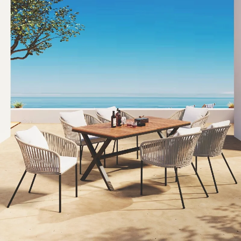 Gold-plated table centerpiece-7-Piece Wood Outdoor Dining Set with Beige Removable Cushions