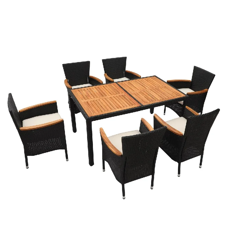 Sculpted ceramic figurine-7-Piece Wood Patio Outdoor Dining Set with Rattan Chair and Beige Cushion