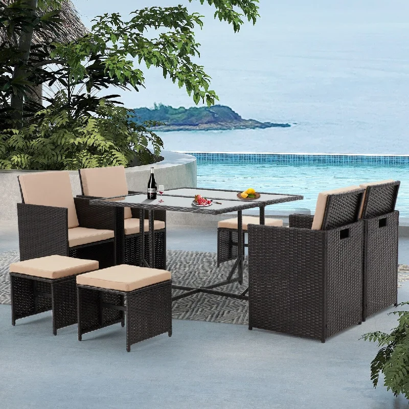 Velvet tufted footstool-9-Piece Patio Outdoor Wicker Dining Furniture Set with Beige Cushions