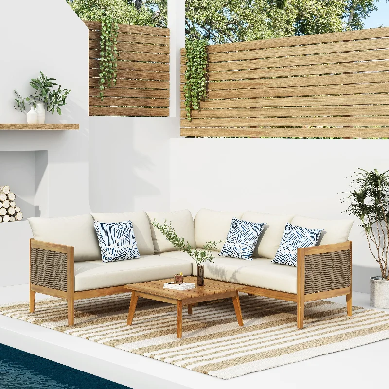 Wicker storage basket-Burchett Outdoor Acacia Wood and Round Wicker 5 Seater Sectional Sofa Chat Set with Cushions by Christopher Knight Home