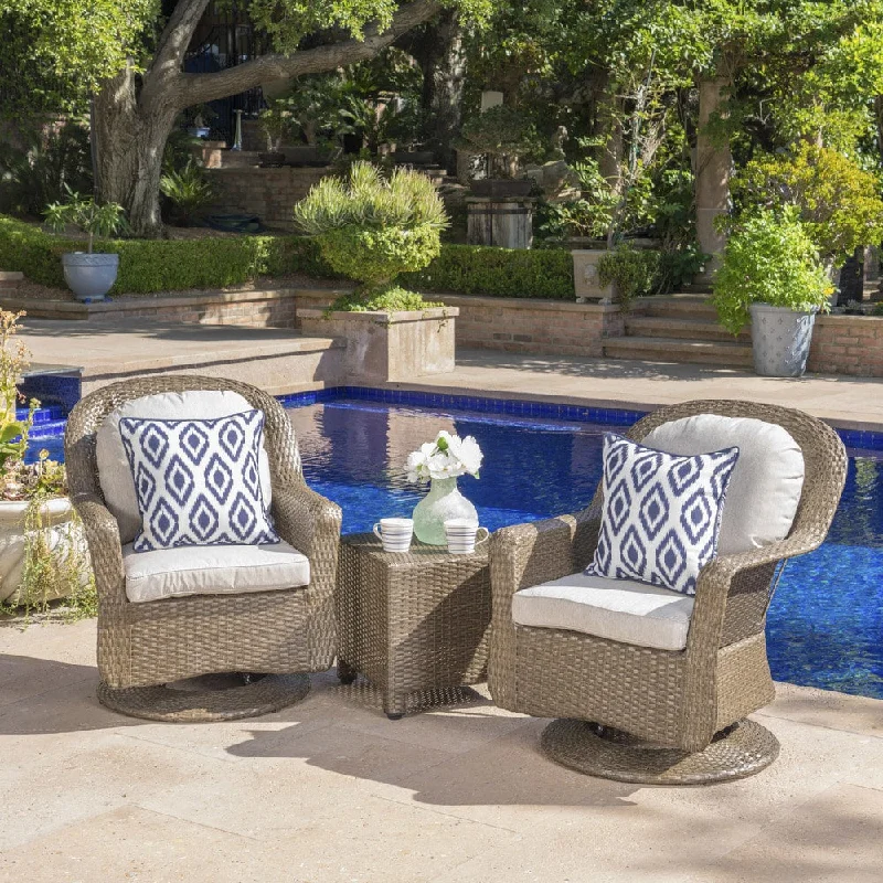 Retro polka dot cushion-Liam Outdoor 3-piece Wicker Swivel Seating Set with Cushion by Christopher Knight Home