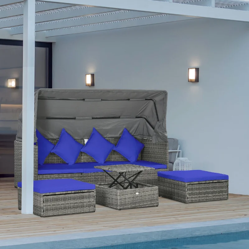 Polished stone bookends-Outsunny 4 Piece Patio Furniture Set with Cushions, PE Rattan Daybed with Retractable Canopy, Outdoor Sectional Sofa Set