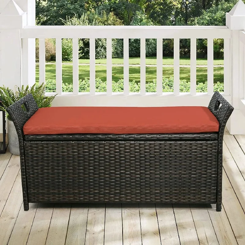 Artisan clay wall hanging-Patio Wicker Benches Outdoor Rattan Deck Storage Benche Box with Seat Cushion and Side Handle Stool for Outdoor Garden