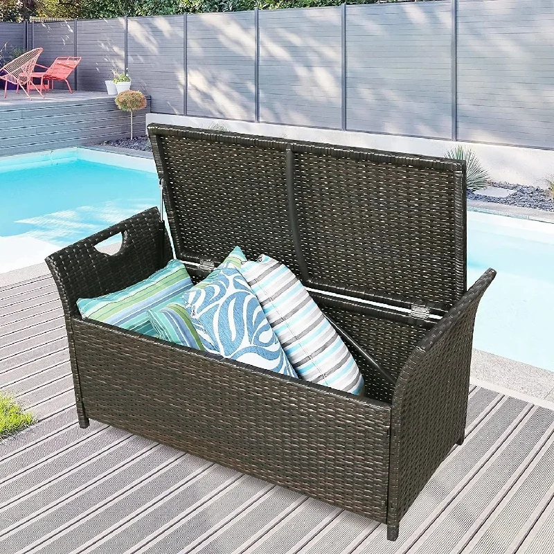 Gold-plated table centerpiece-Patio Wicker Storage Bench Outdoor Rattan Deck Storage Box w/ cushion