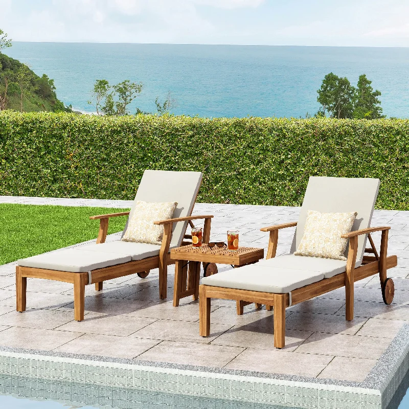 Handwoven jute wall decor-Perla Outdoor Acacia Wood 3 Piece Chaise Lounge Set with Water-Resistant Cushions by Christopher Knight Home