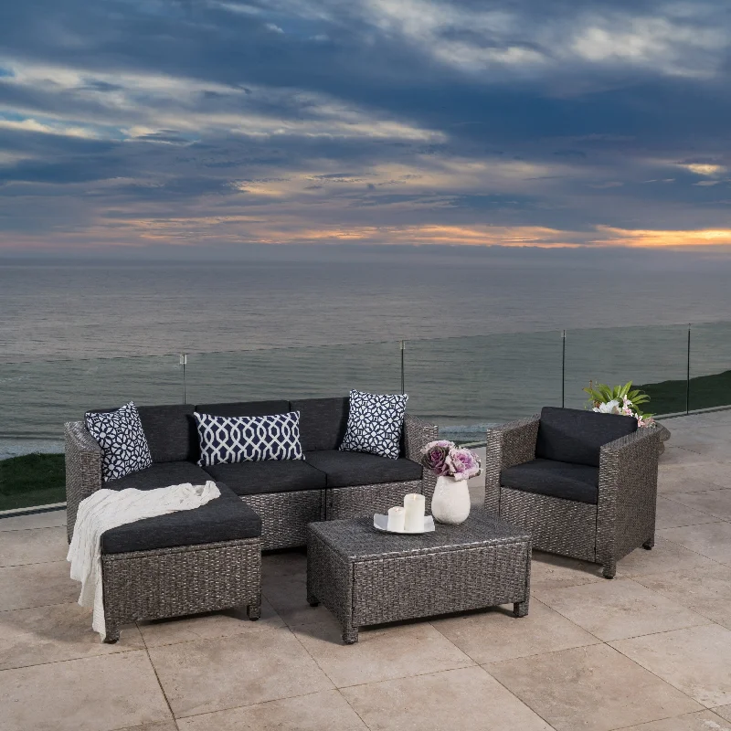 Marble effect coasters set-Puerta Outdoor 6-piece Wicker L-Shaped Sectional Sofa Set with Cushions by Christopher Knight Home