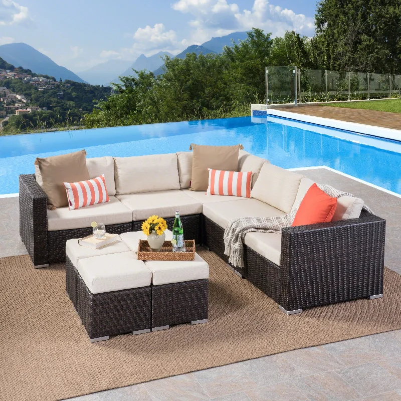 Artisan wooden coasters-Santa Rosa Outdoor 5 Seater Wicker Sectional Sofa Set with Aluminum Frame and Cushions by Christopher Knight Home