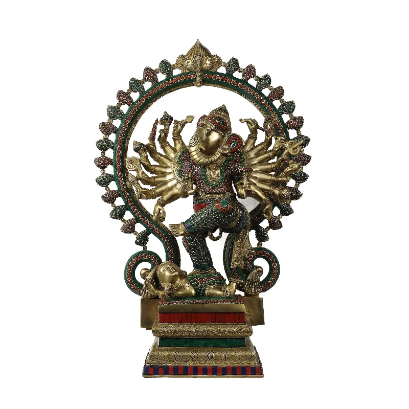 Floral etched glass lantern-Brass Hand Dancing Ganesh