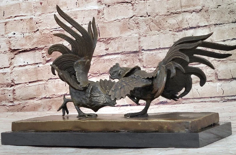 Velvet tufted footstool-Hand Made Bronze Rooster Cock Fight Sculpture by Miguel Lopez on Marble Base