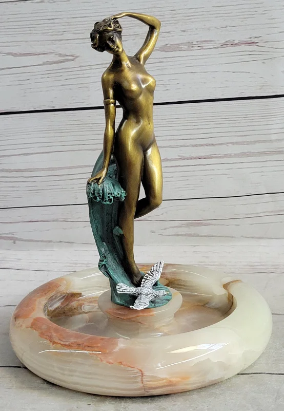 Ceramic table vase-Miguel Lopez Original Nude Girl Onyx Base Bronze Ashtray Art Deco Sculpture