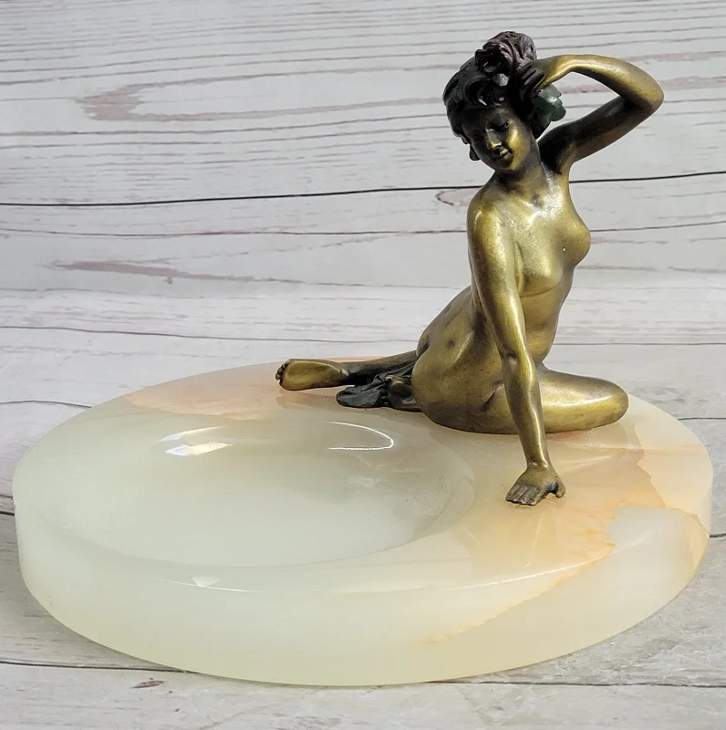 Modern geometric sculpture-Milo Art Deco Nude Lady Bronze Ashtray Onyx Base Erotic Female Sculpture